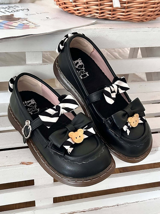 - with Flats Striped 2cm Black Leather Sweet Details PU Decor Bear and Bow Heel
