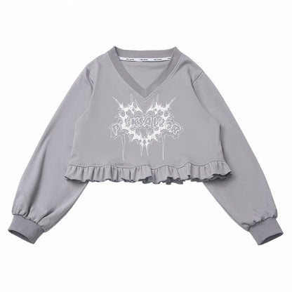 Graues, kurzes Sweatshirt mit Grafik und V-Ausschnitt, Rüschensaum