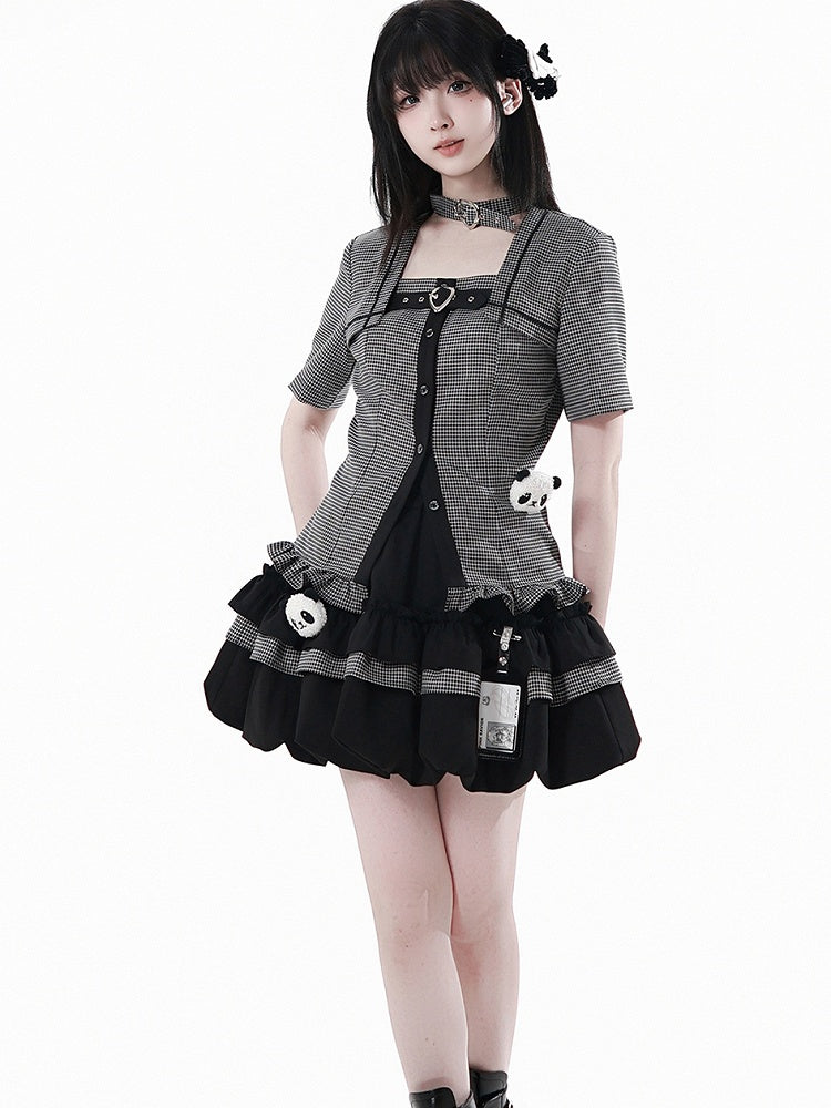 Choker Design Rüschen Saum Plaid Bluse Schwarz Criss-cross All-in-one und