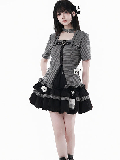 Choker Design Rüschen Saum Plaid Bluse Schwarz Criss-cross All-in-one und