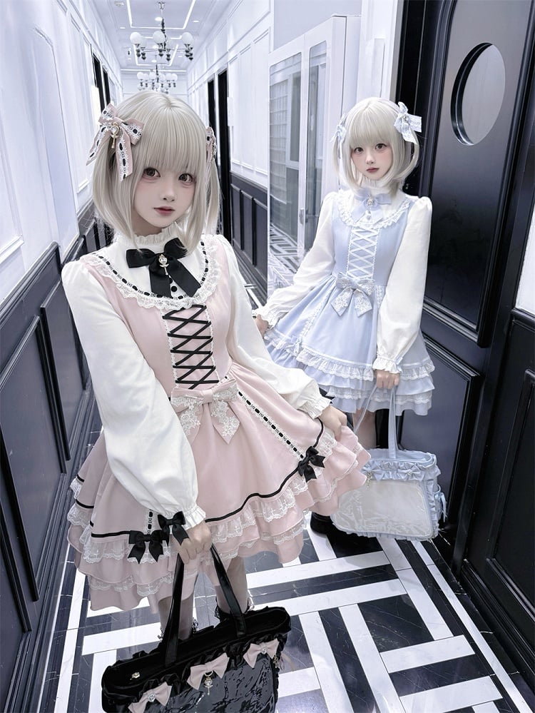 Jirai Pink Light Sweet Criss-Cross Dress Bodice Kei with Blue / Tiered Dreamy