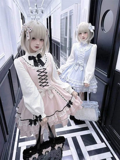 Jirai Pink Light Sweet Criss-Cross Dress Bodice Kei with Blue / Tiered Dreamy