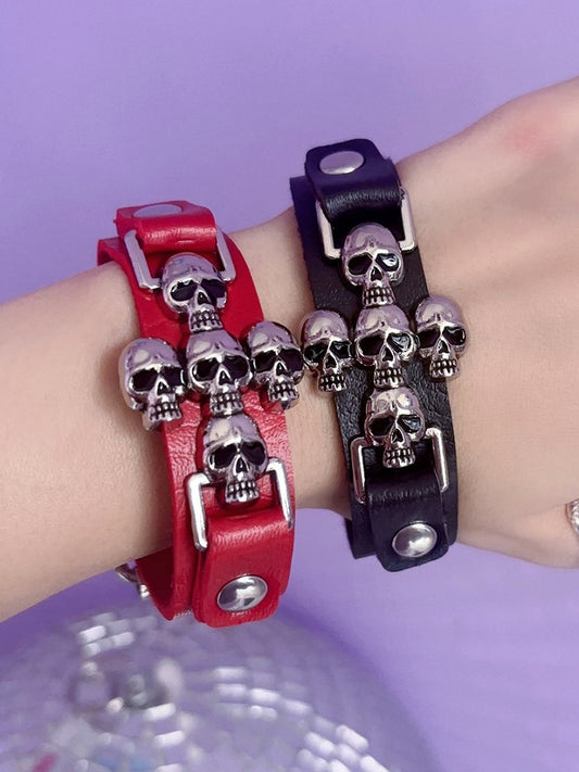 Y2K Black/White/Red Cross Punk Skull Bracelet PU Metal
