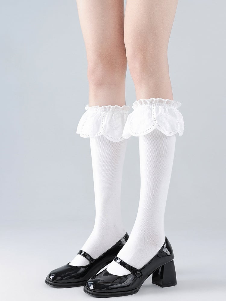 Cutout Ruffles Lace Calf Socks Lolita White/Black