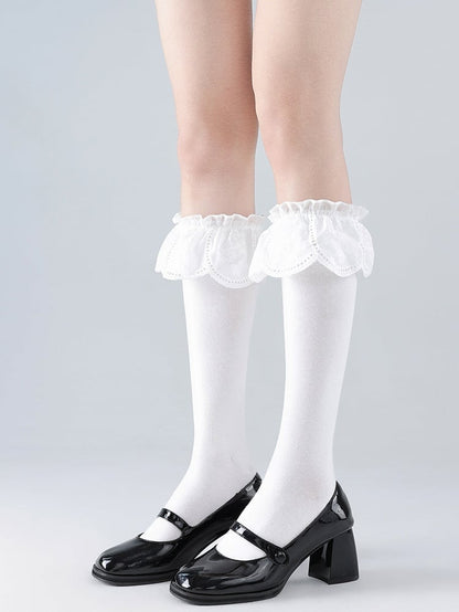 Cutout Ruffles Lace Calf Socks Lolita White/Black