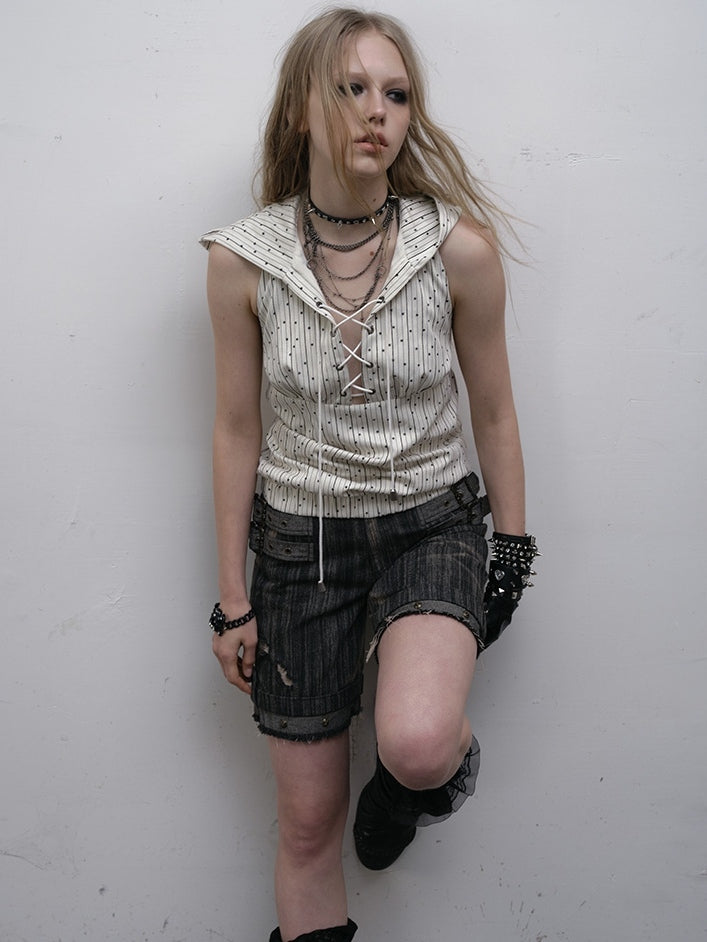 Print Top White Star Pattern Lace-up Sleeveless Hoodie Striped Detail