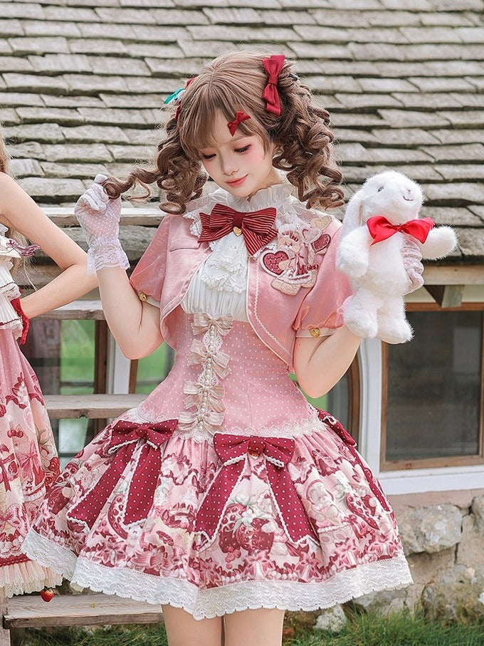 Sweet Lolita Floral JSK Dress with Bowknot & Lace - Strawberry Fantasy - Unknown Star