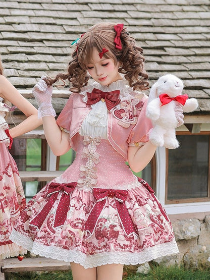 Sweet Lolita Floral JSK Dress with Bowknot & Lace - Strawberry Fantasy - Unknown Star