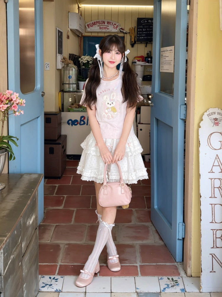 Pink Yume Adorable T-Shirt Bunny Applique Round Neck Kawaii