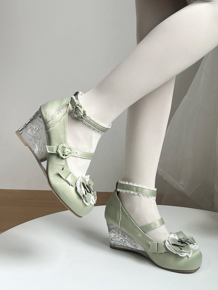 Green Winter Embossed Slope Heel Shoes with Snowflake Embroidery - Vintage Sweetheart