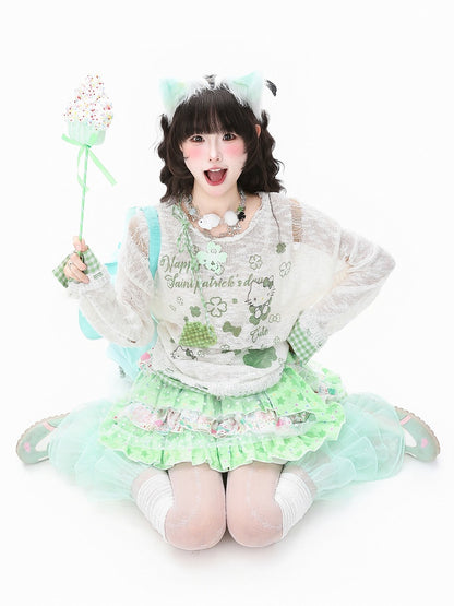 Tiered Skirt Starry with Prints Bow Y2K Botanical Accent Green