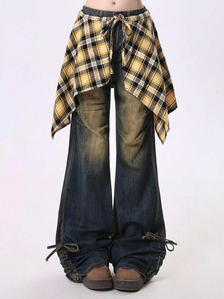 Distressed Detachable Cuffs Hem Plaid with and Handkerchief Skirt Blue Jeans Flared Drawstring