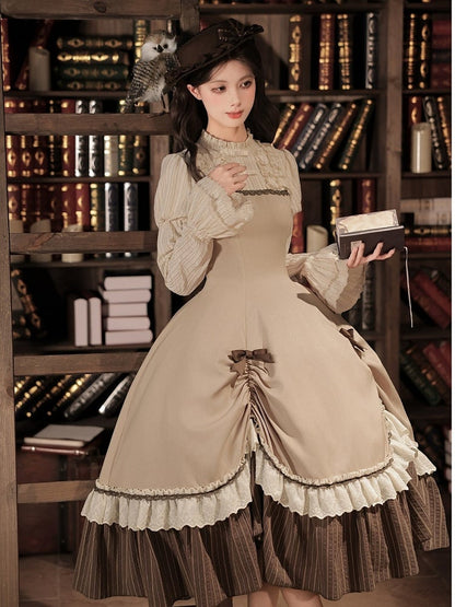 Brown Striped Faux Two-Piece Lolita Dress Outfit with Cape, Jabot & Mini Hat - With PUJI