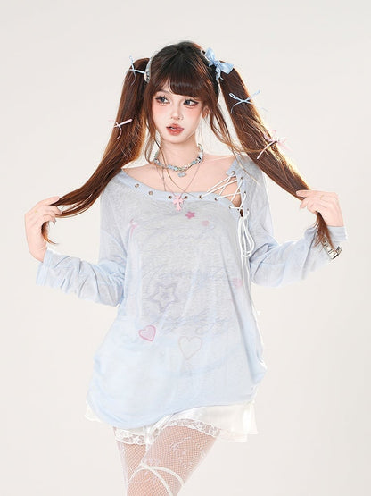 Lace-up Asymmetrical Neckline Blue/White Semi-sheer Coverup