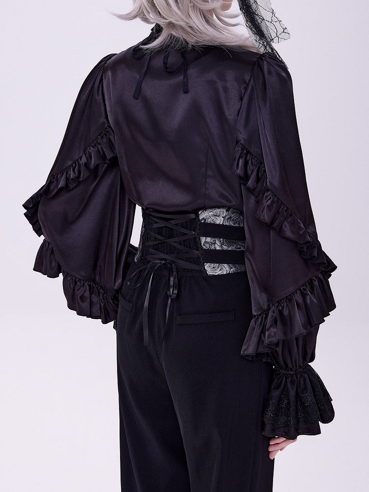 All-Black Ruffled Bodice Shirt with Flounce Trim and Long Sleeves - DevilInspired Exclusive Collection