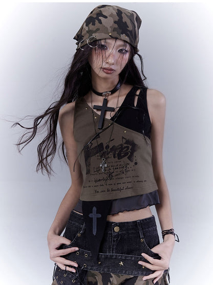 パンク風ダメージスタッズ三角迷彩柄ウェイストランドスカーフ