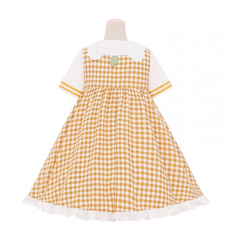 Orange Bear Peter Pan Collar Plaid Short Sleeves Dress