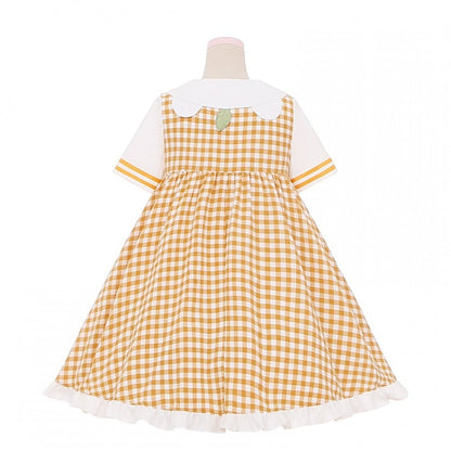 Orange Bear Peter Pan Collar Plaid Short Sleeves Dress