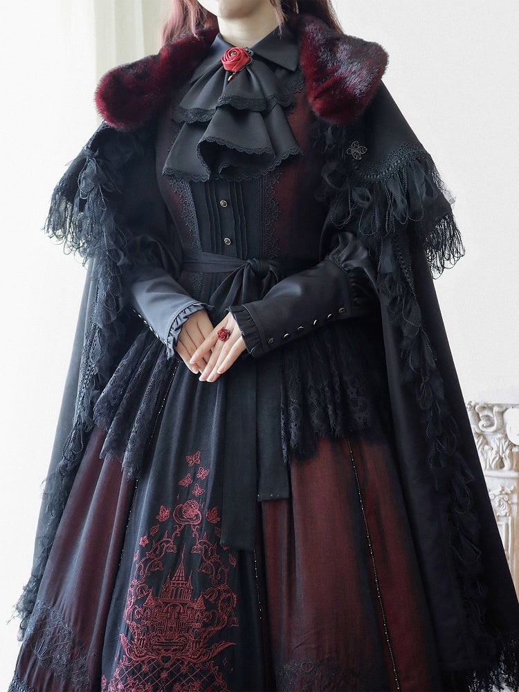 Neckline Embroidered Square Dress+Blouse+Cape+Brooch Set Red Lolita Black Gothic