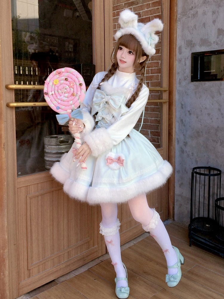Lolita Sweet Hemline Plush Long OP Cuffs Dress Mint Fake Two-pieces and Sleeves with Green Winter