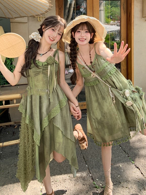Mori Kei Cami Dress Embellished Neckline Green Tassel Hem Buttons