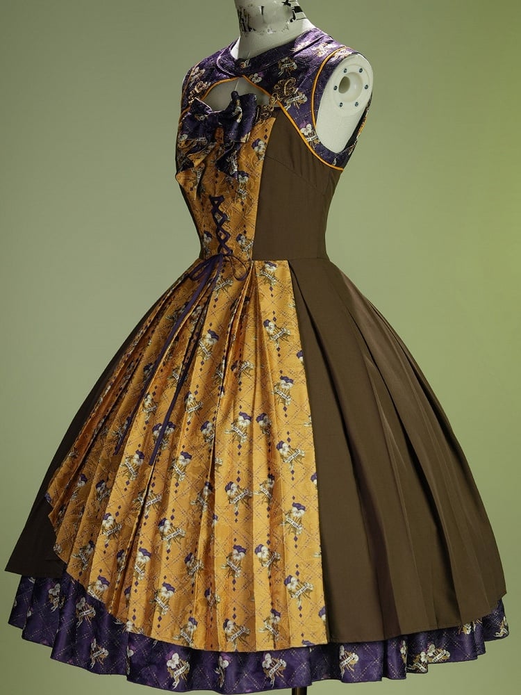 Yellow & Purple Retro Floral Print Lolita JSK Dress with Layered Skirt - Neoludwig