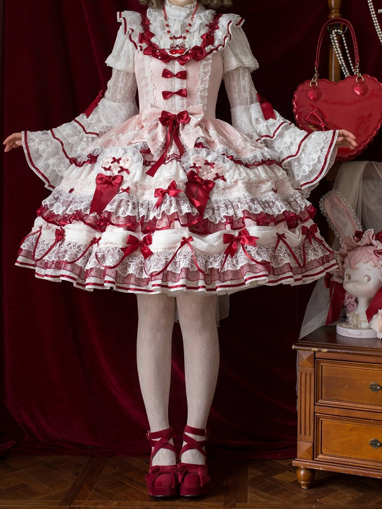 Pink & Red Hanayome Lolita Layered Hime JSK Dress with Bow Accents - Starry Messenger