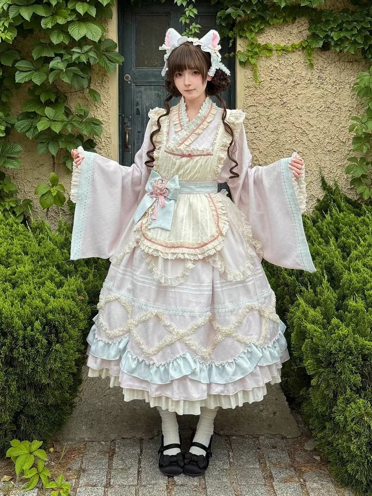 Hanfu-Inspired Lolita Top Set with Long Ruffle Skirt & Apron in Pink Blue - Berry Story Lolita