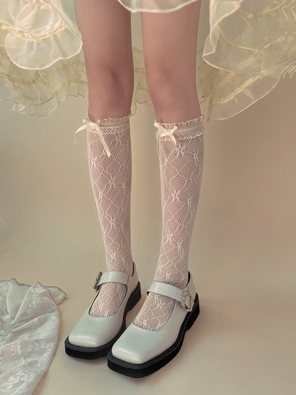 Decoration Yellow/Black Lace 3D Bow and Ruffled Trim White/Light Calf Socks with