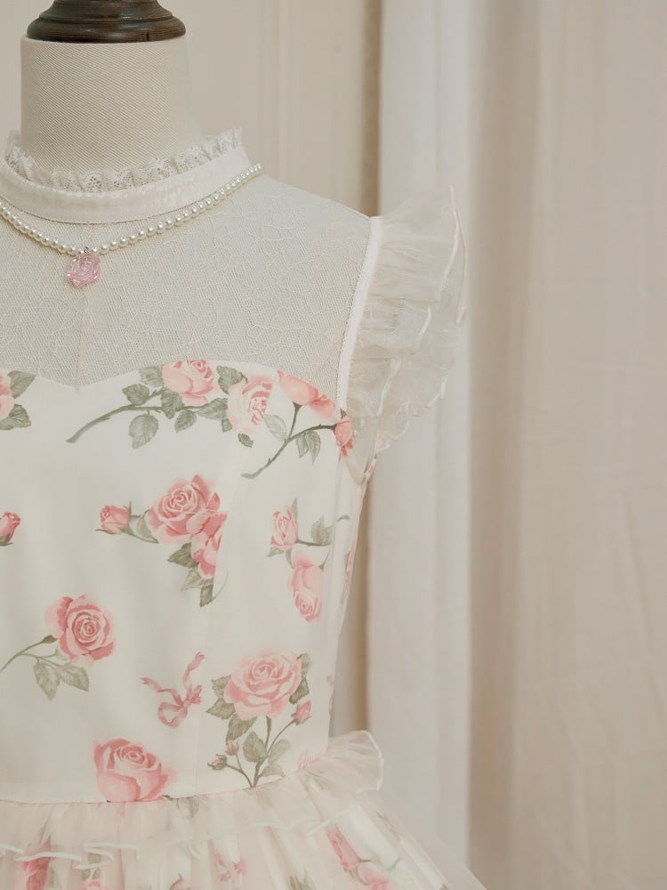 Perlenkette mit weißem Anhänger, rosa Rose