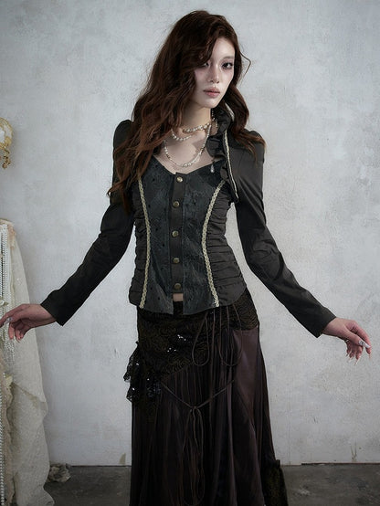 Rococo Punk Army Green Faux Two-Piece Long Sleeve Blouse with Lace and Ruffle Accents - NO ROMANCE