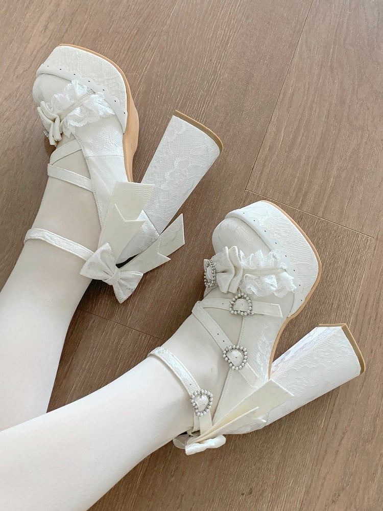 Mary Janes Chunky Bow Sophisticated Decor - White Lolita Heel
