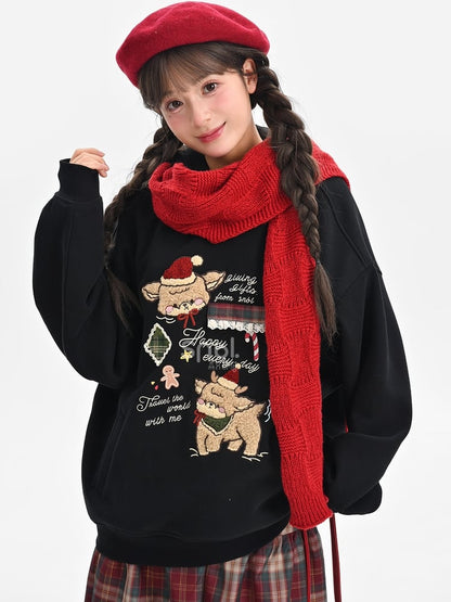 Black Cute Reindeer Appliques Thick Hoodie