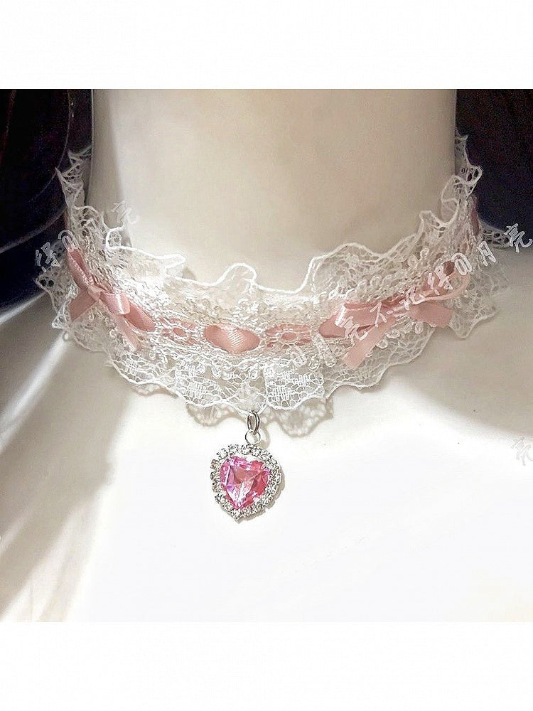 Lace Choker with Bow and Heart Rhinestone - Post-2000 Gift Shop