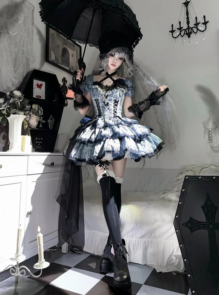 OP Floral Black Skirt Multi-Layered Lolita Dress Dark with and Blue Texture