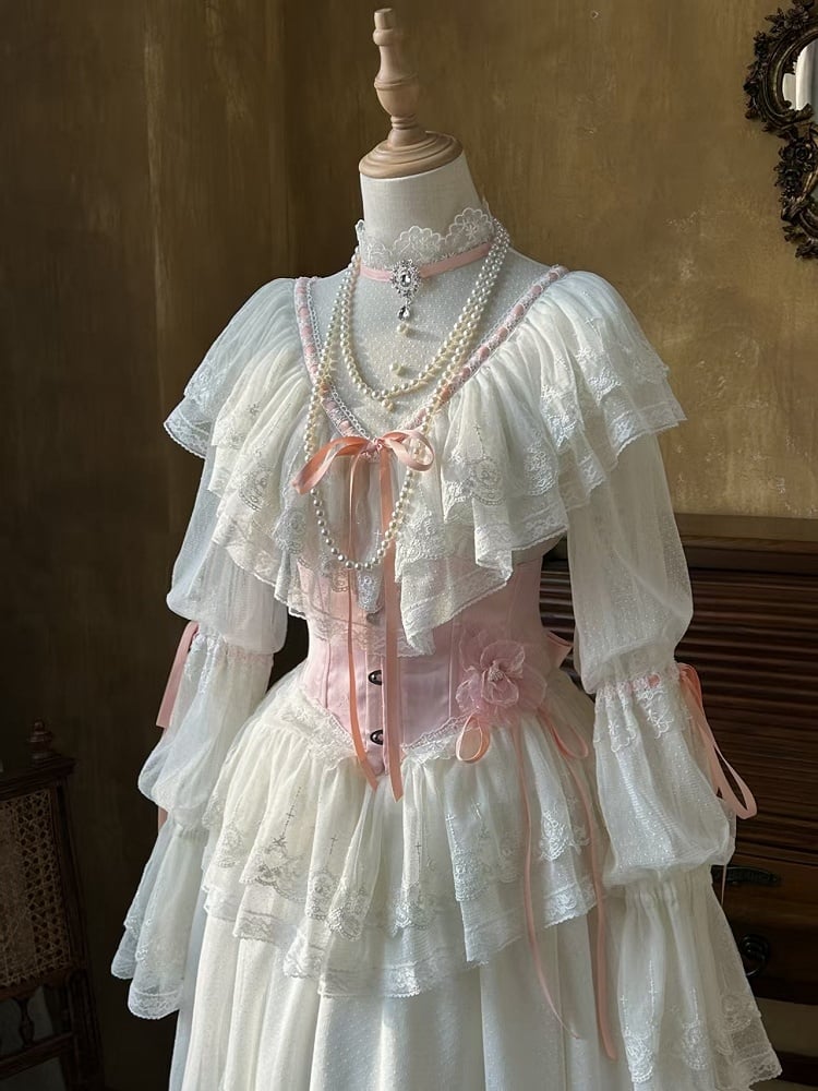 Rock-Halsketten-Hals-Langblusen-Set + Edward Lolita Pink Korsett Elegant Beige Perlen - Vollklassiker