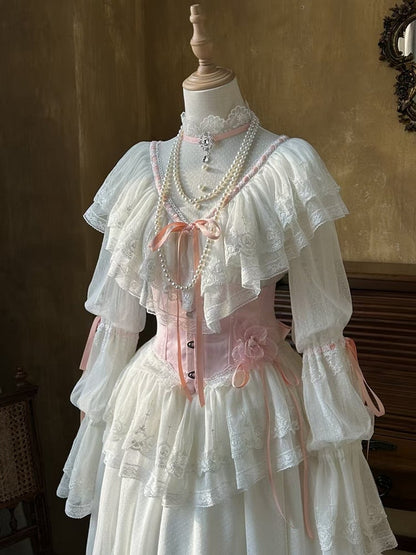 Rock-Halsketten-Hals-Langblusen-Set + Edward Lolita Pink Korsett Elegant Beige Perlen - Vollklassiker