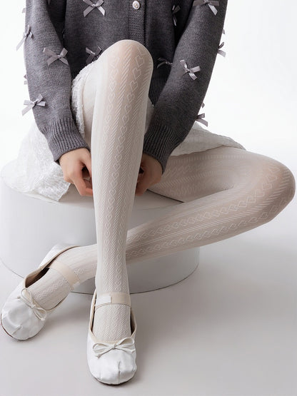 Pattern Creamy Heart Tights White Stripe