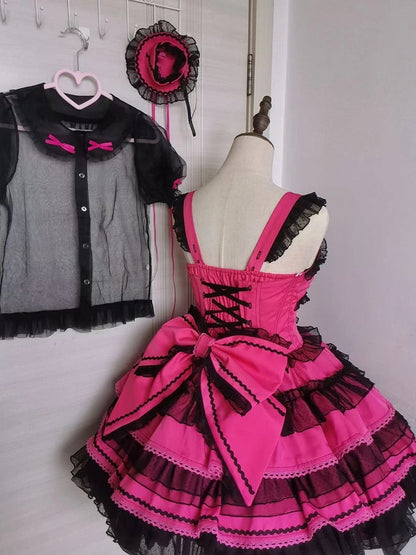 Accents Lolita Dress Sweet Hot Bow Ruffles Pink Layered with Black Heart Front