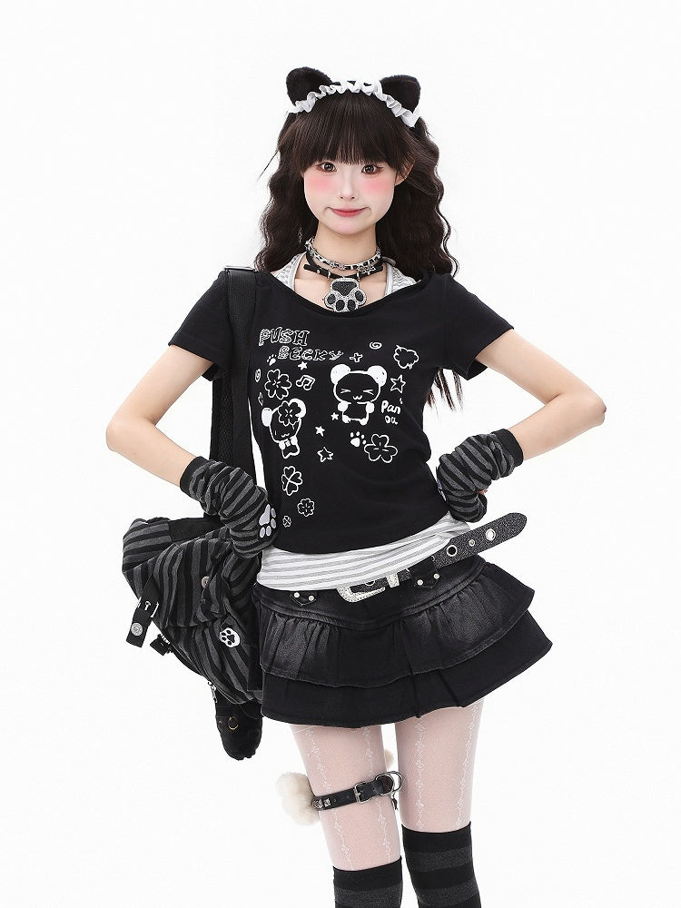 ShoulderAdorable Faux Cutout with Panda Print Black/Green Two-Piece T-shirt