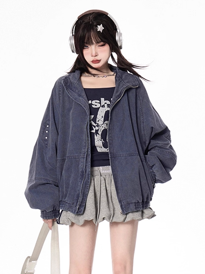 デザイン バンドカラー フェードウォッシュ ダメージ加工 ブルー/アプリコット ジャケット 秋 ジップアップ