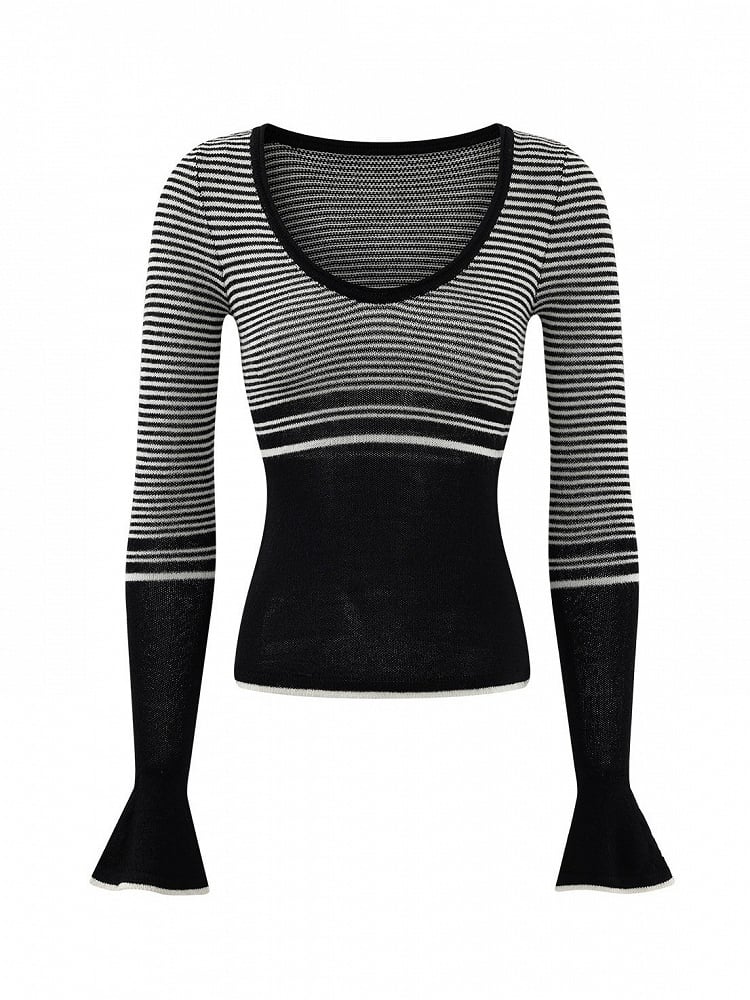Gray Striped Long Sleeve Shirt with Scoop Neckline - Low pixel