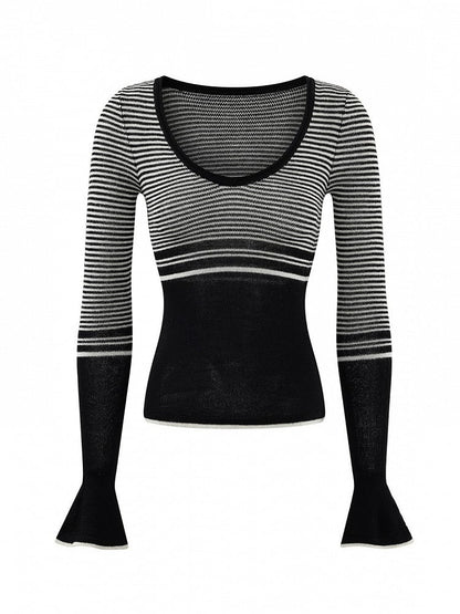 Gray Striped Long Sleeve Shirt with Scoop Neckline - Low pixel