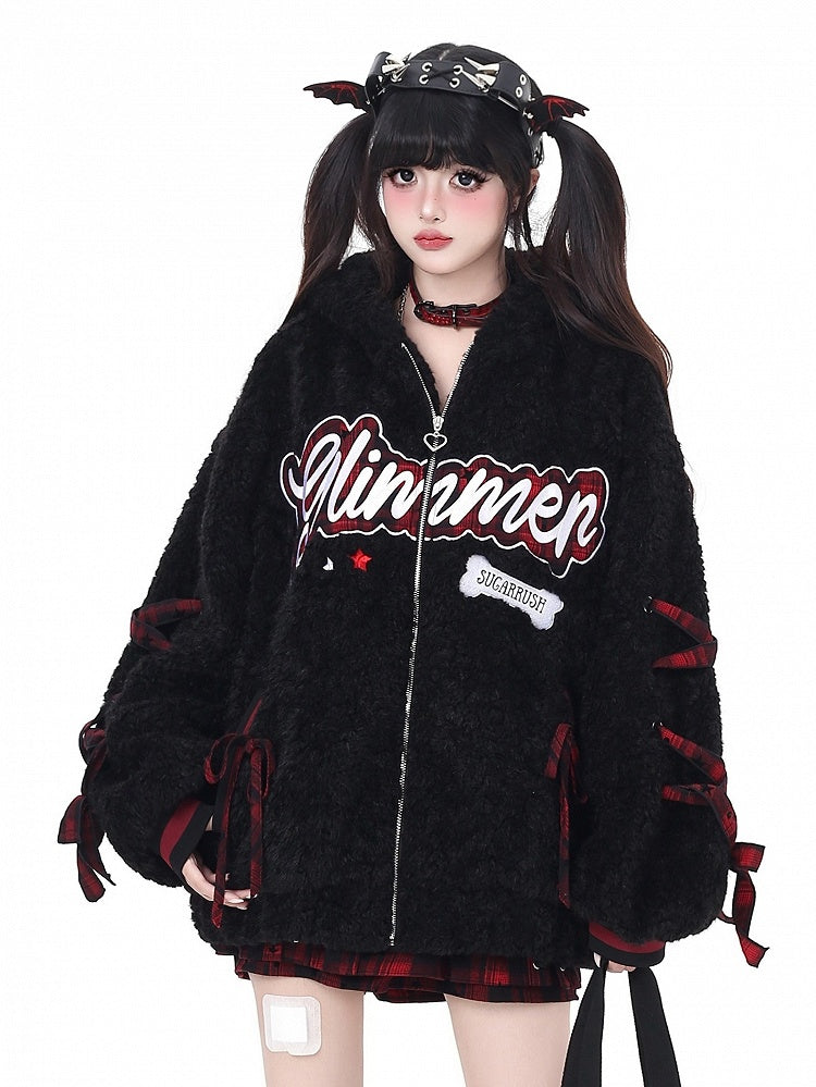 - Letter Jacket Black/ Gray Daily Hooded Kawaii Plush Pattern