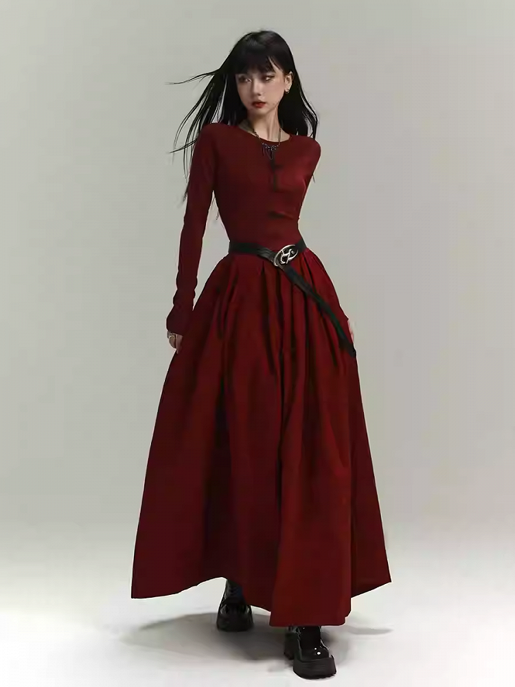 Gothic Wine Red Cross Backless/Covered-Back Slim-fitting Dress