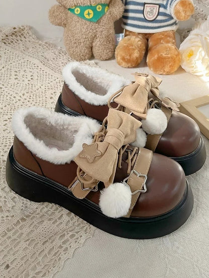 PU Schuhe Braun Abnehmbare Winter Star Lolita Akzent Süße Schleife Plattform Details Leder
