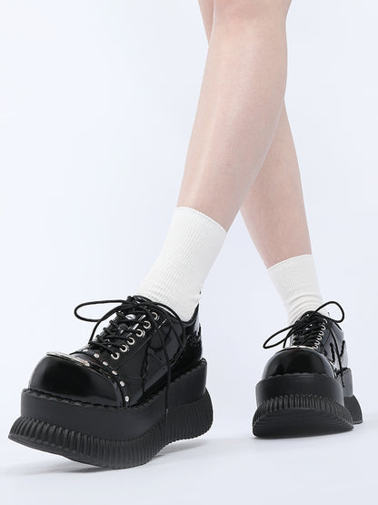 Plate Accents Details Black Stud Punk Design - Metal Lace-Up Platforms with