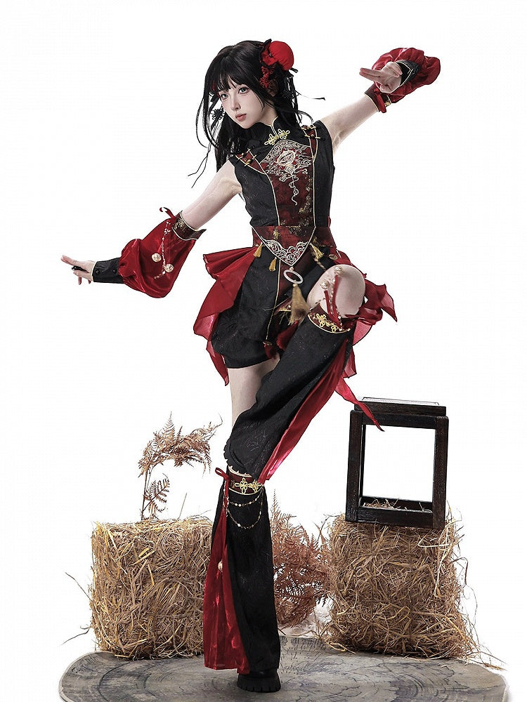 Chinese Martial Arts Outfit in Black and Red with Asymmetric Hem Top, Shorts, Leg Warmers & Arm Sleeves - Xiong Dou Jiang