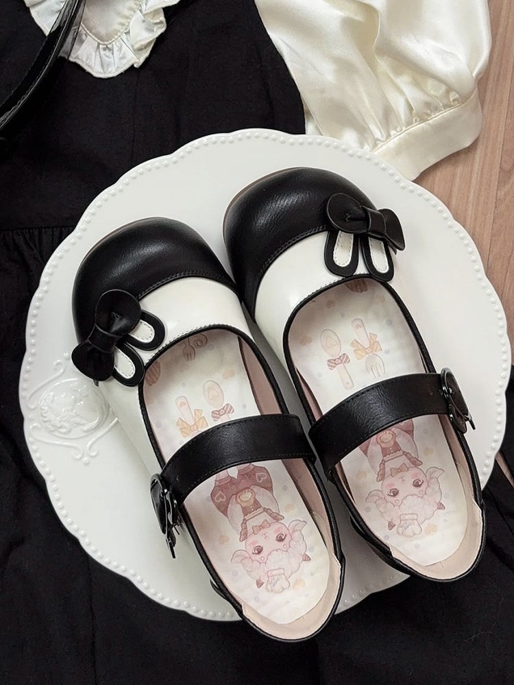 Ear Bowknot Decorated Black Bunny Flats Buckle Bear