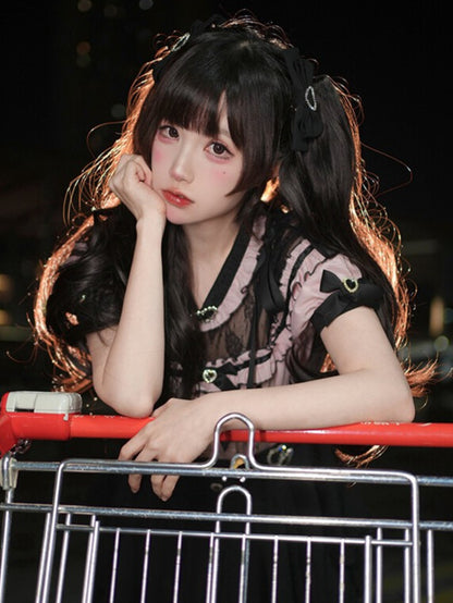 ジライケイ デコレーションハート 蝶結び ラインストーン ヘアクリップ ブラック/ピンク